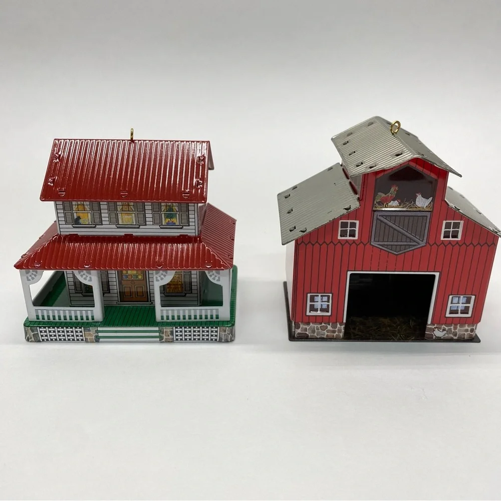 Hallmark Keepsake Ornaments Town & Country Series Farm House & Red Barn Set of 2